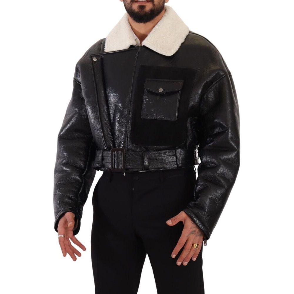 Dolce & Gabbana Black Leather Shearling Biker Coat Jacket - Picture 5 of 6